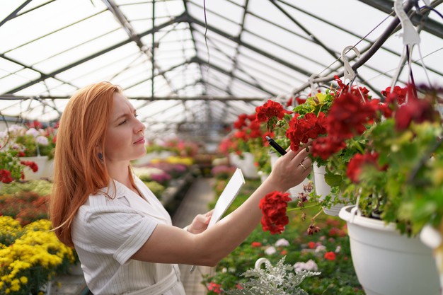 smart-greenhouse-control-female-worker-inspects-red-flowers-note-data-daylight_158595-7064
